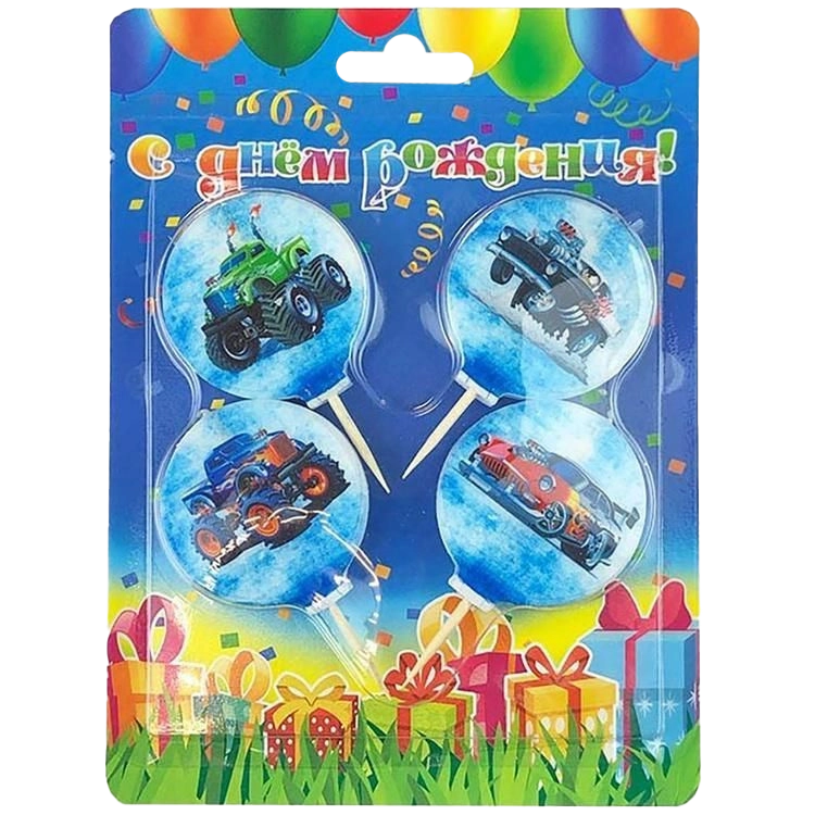 Картинка - Свечи для торта на пиках Машинки 4 шт от Большого Праздника. Салюты фейерверки.